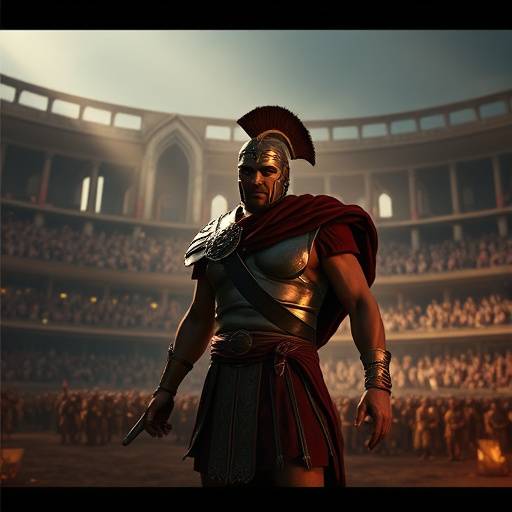Screenshot del videogioco 'Leggende di Roma', con un gladiatore in un'arena virtuale